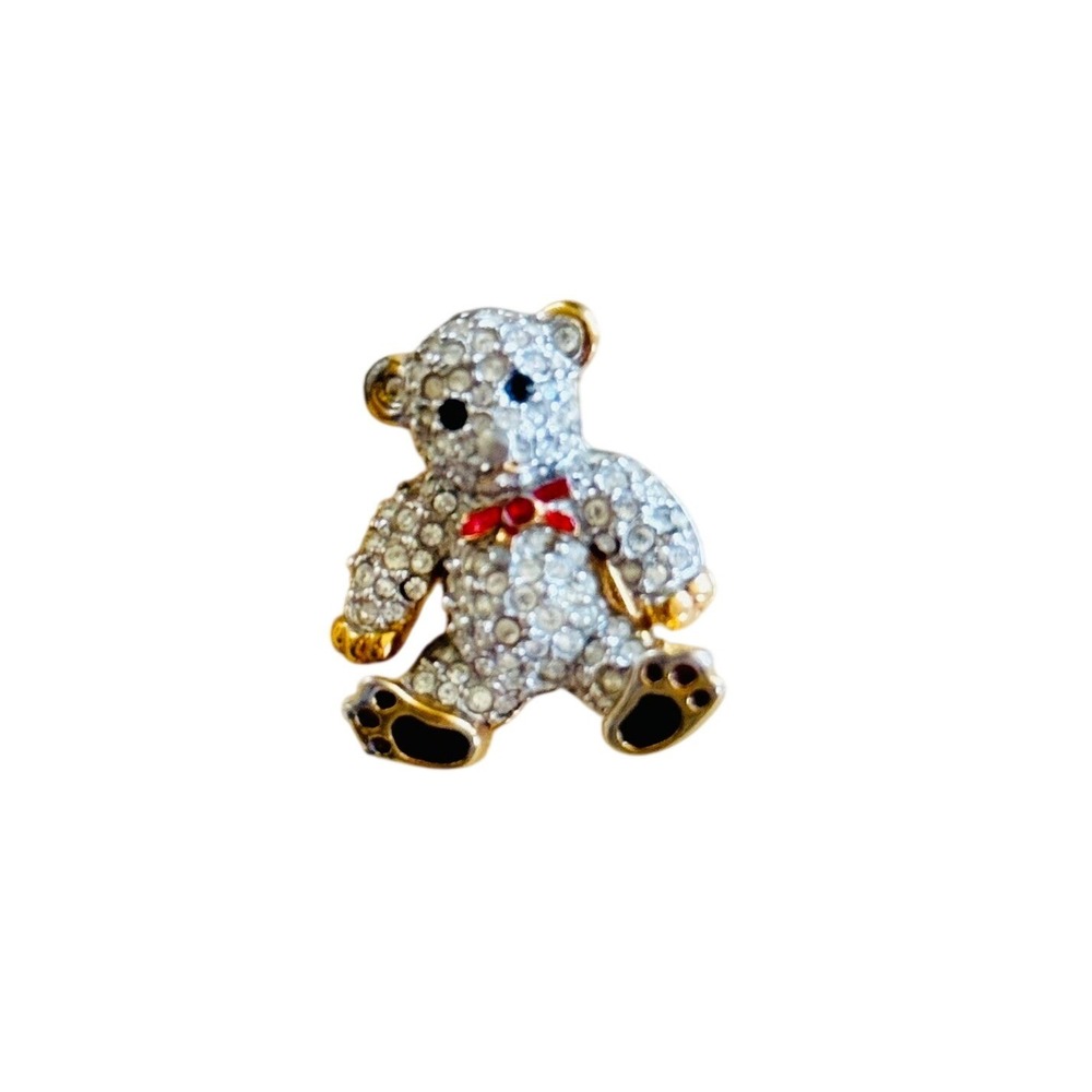 VTG Swarovski Teddy Bear Pin Brooch Bow Swan Signed Pave Crystal Rhinestones